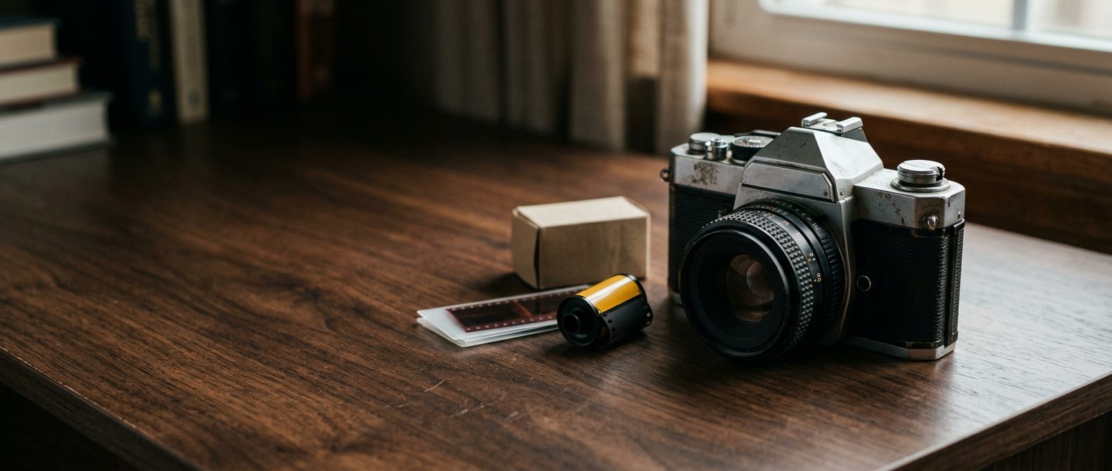 A used 35mm film SLR camera with a roll of film and strips of negatives on a dark wooden desk